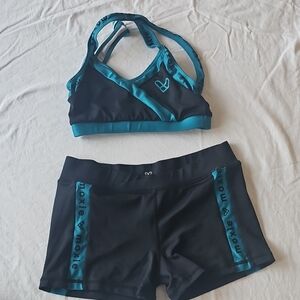 Moxie Black and Teal Sports Bra and Shorts Set